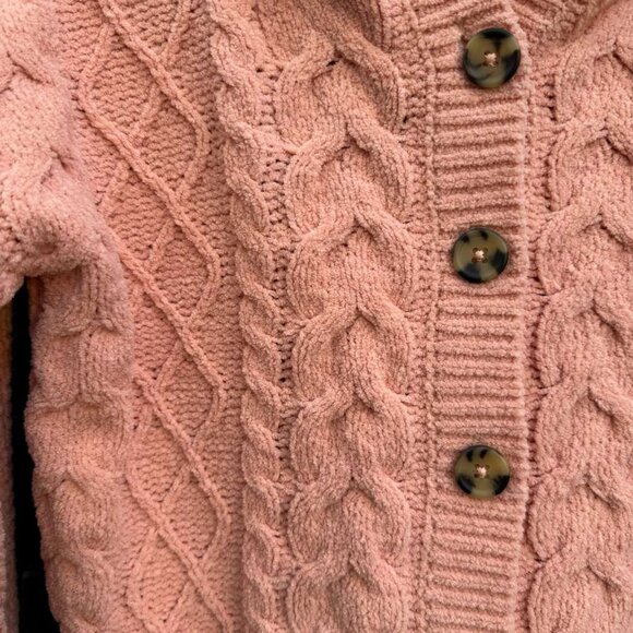 Derek Heart Chunky Chenille Cable Knit Cardigan Sweater Hooded S Coral Button Up - Picture 5 of 15